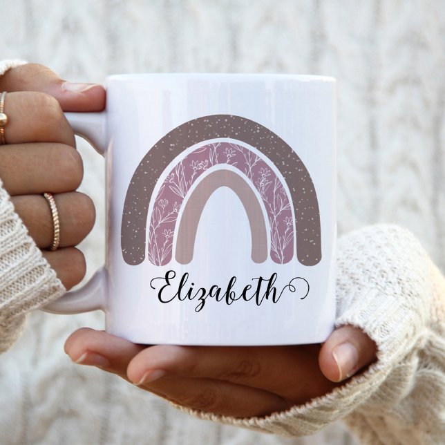 Boho Rainbow Custom Name Modern Floral Two-Tone Coffee Mug (Creator Uploaded)