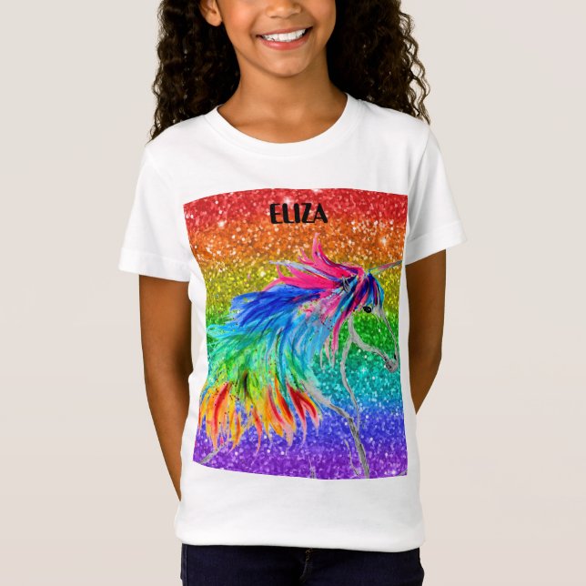 Boho Rainbow Cute Girls Glitter Unicorn Kids T-Shirt (Front)