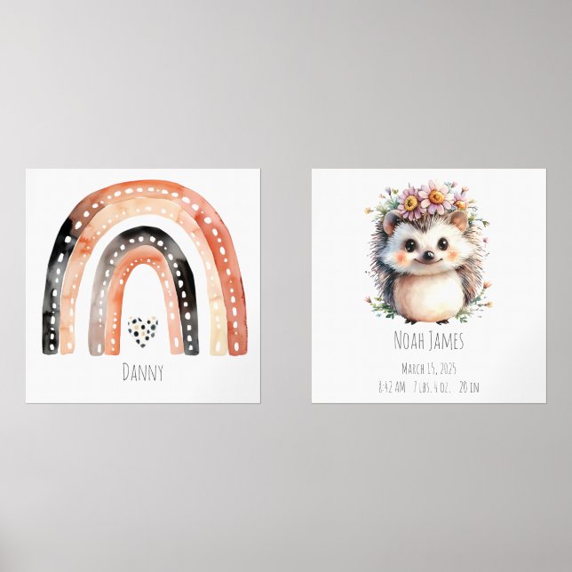 Boho Rainbow & Cute Hedgehog Nursery Wall Art  (Front)