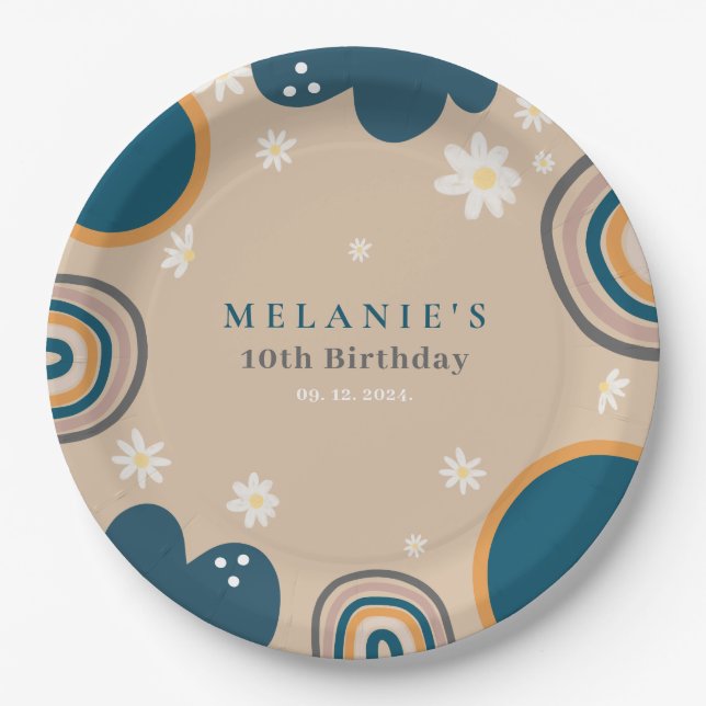 Boho Rainbow Daisy Beige Birthday  Paper Plate (Front)