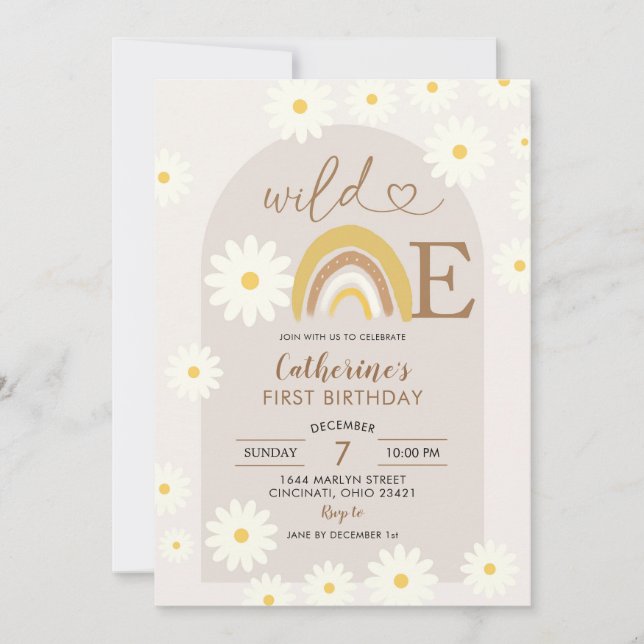 Boho Rainbow Daisy Wild One Birthday Invitation (Front)
