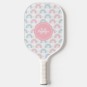 Boho Rainbow Dusty Pink & Blue Moon Monogram Cute Pickleball Paddle