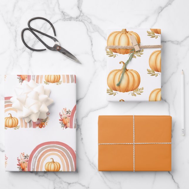 Boho Rainbow Fall Pumpkin Baby Shower Wrapping Paper Sheet (Front)
