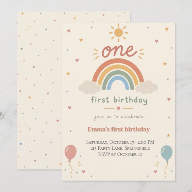Boho Rainbow First Birthday Invitation (Front/Back)