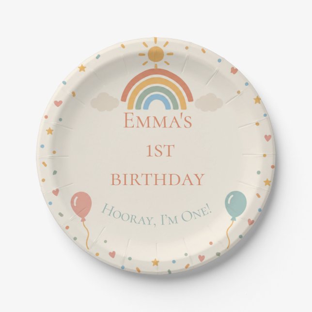 Boho Rainbow First Birthday Paper Plate (Front)