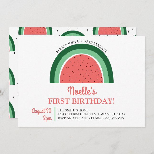 Boho Rainbow First Birthday, Watermelon Invitation (Front/Back)