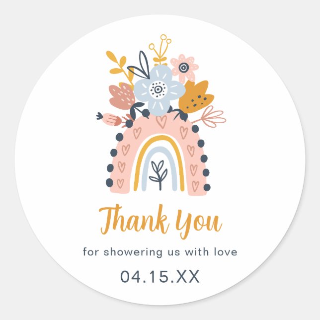 Boho Rainbow Floral Baby Shower Thank You Classic  Round Sticker (Front)