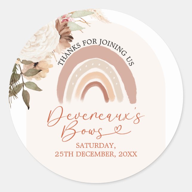 Boho Rainbow Floral Devereaux's Bows Baby Shower Classic Round Sticker (Front)