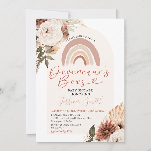 Boho Rainbow Floral Devereaux's Bows Baby Shower Invitation (Front)