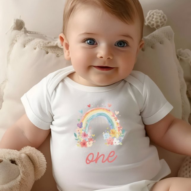 Boho Rainbow Floral Pastel "One" First Birthday Baby Bodysuit (boho first birthday, "one" shirt, floral rainbow bodysuit, baby girl birthday, cake smash outfit)