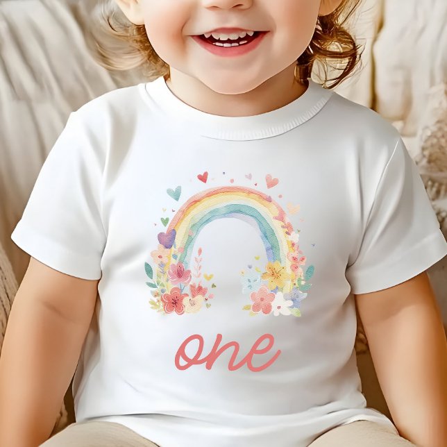 Boho Rainbow Floral Pastel "One" First Birthday Baby T-Shirt (boho one shirt, pastel first birthday, floral rainbow outfit, baby girl birthday, cake smash outfit)