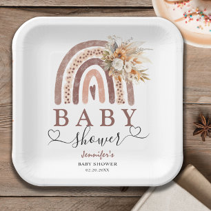 Boho Rainbow   Gender Neutral Brown Baby Shower Paper Plate