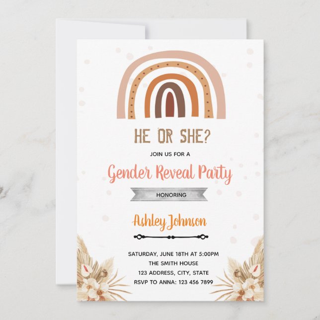 Boho rainbow gender reveal invitation (Front)