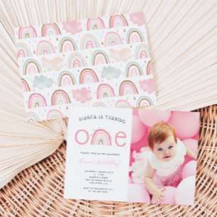 Boho Rainbow Girl's 1st Birthday Party Photo Invit Invitation