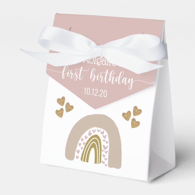 Boho Rainbow Glitter Heart First Birthday Favour B Favour Box (Front Side)
