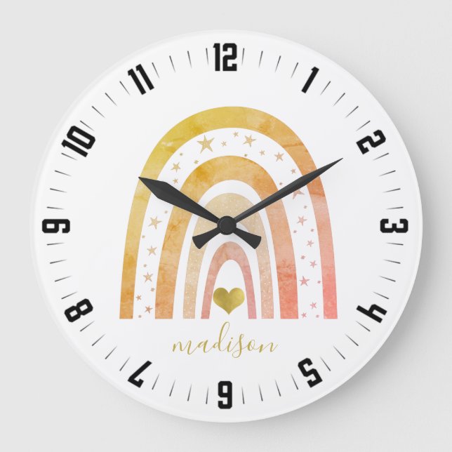 Boho Rainbow Gold Foil Heart Stars Personalised Large Clock (Front)