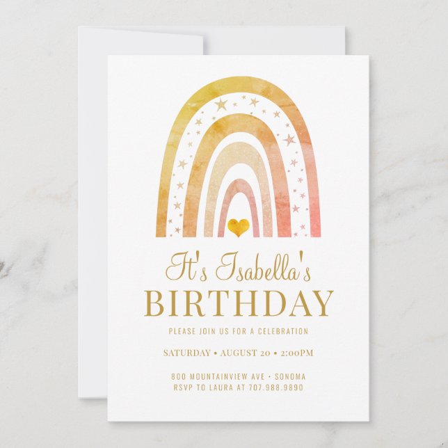 Boho Rainbow Gold Kid's Birthday Party Invitation (Front)