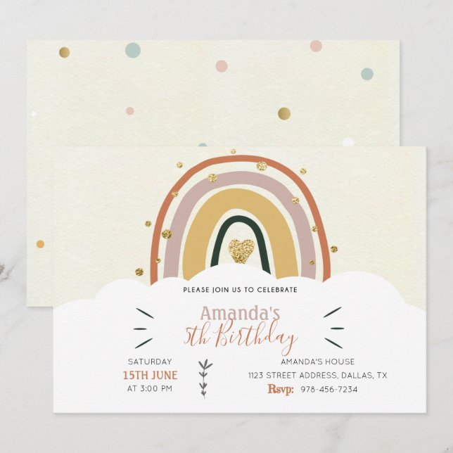 Boho Rainbow Golden Birthday Invitation  (Front/Back)