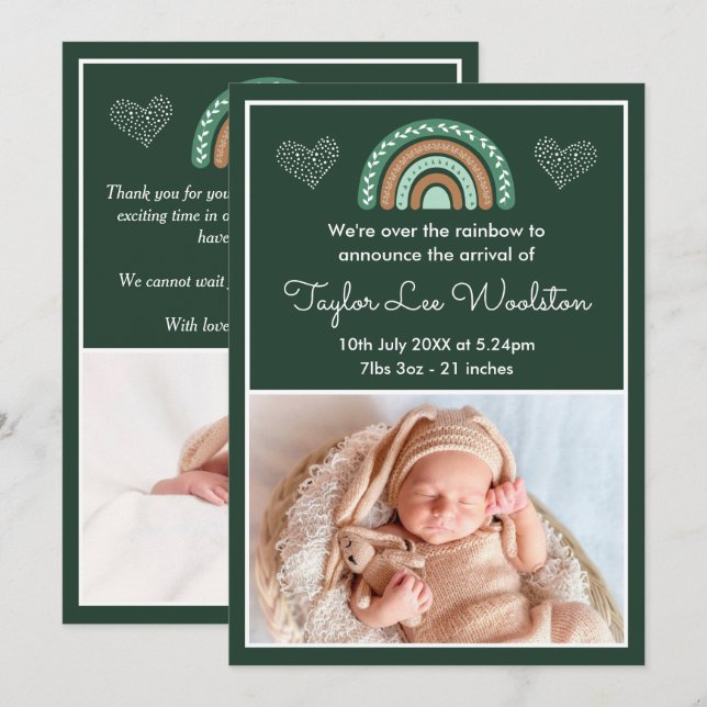 Boho Rainbow Green Birth Announcement (Front/Back)