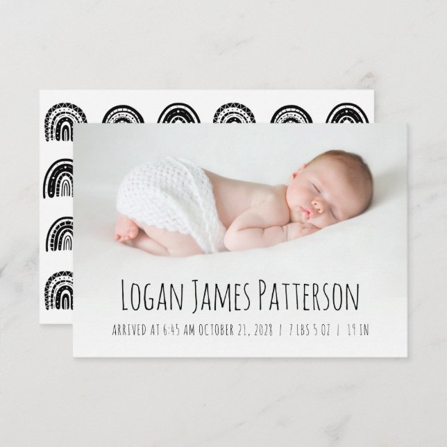 Boho Rainbow Hand Drawn Black White Birth Announcement (Front/Back)
