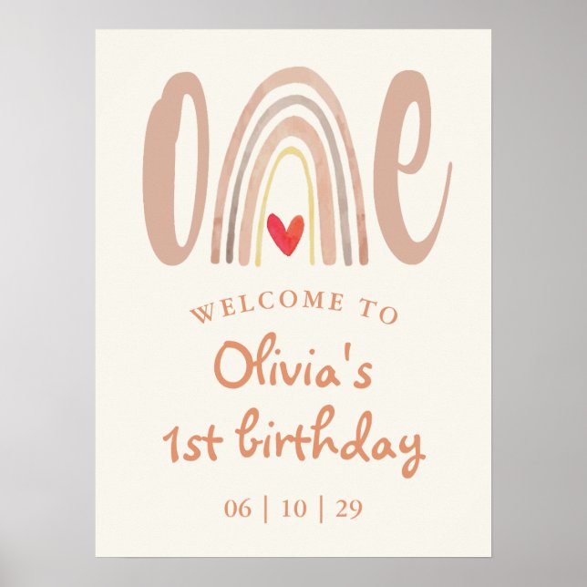 Boho Rainbow Heart 1st Birthday Welcome Sign (Front)