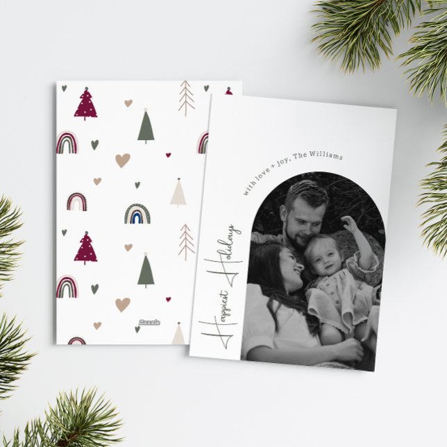 Boho Rainbow Heart Arch Happiest Holidays Photo Holiday Card (Creator Uploaded)