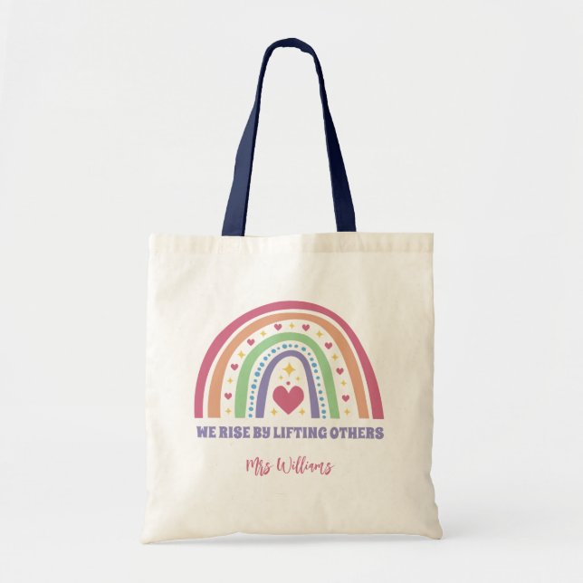 Boho Rainbow Heart Inspirational Custom Teacher Tote Bag (Front)