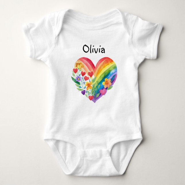 Boho Rainbow Heart Personalised Baby Bodysuit (Front)