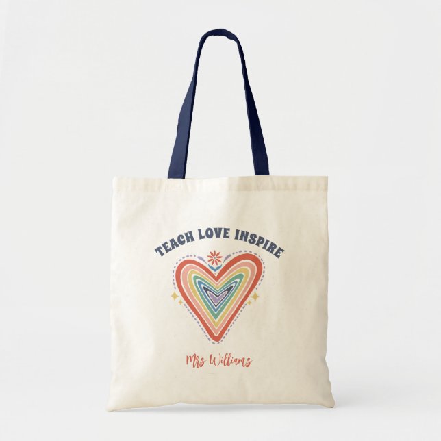 Boho Rainbow Heart Personalised Teacher Name Tote Bag (Front)