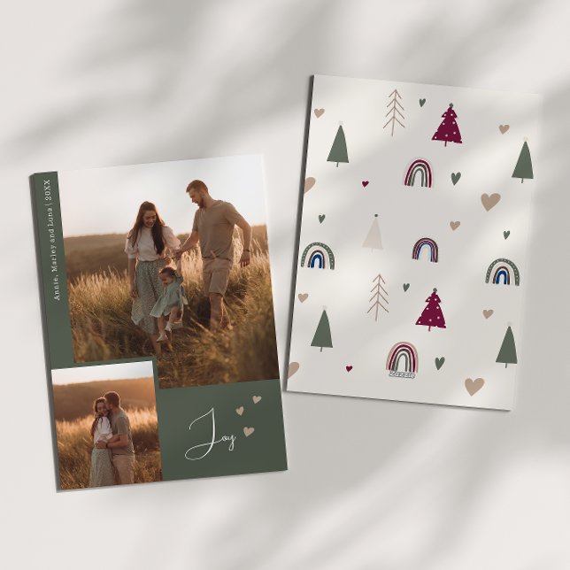 Boho Rainbow & Hearts Joy Two Photo Christmas Holiday Card (Creator Uploaded)