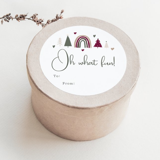 Boho Rainbow & Hearts Oh What Fun To From Holiday  Classic Round Sticker (Creator Uploaded)