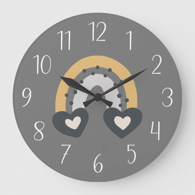 Boho Rainbow Hearts on Grey Large Clock (Front)