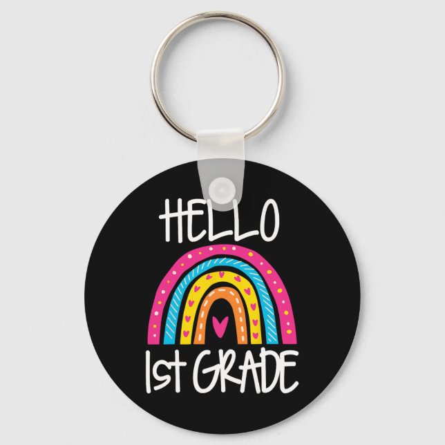 Boho Rainbow Hello 1st Grade First Day School Teac Key Ring (Front)
