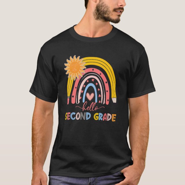 Boho Rainbow Hello Second Grade Teacher First Day  T-Shirt (Front)