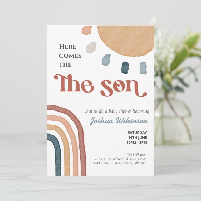 Boho rainbow here comes the Son baby shower  Invitation (Standing Front)