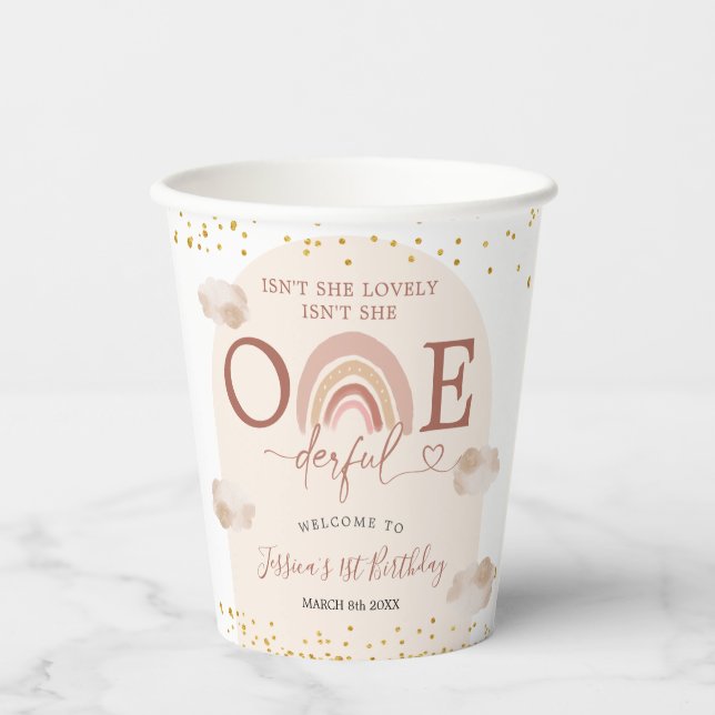 Boho Rainbow Isn't She Onederful Birthday Paper Cups (Front)
