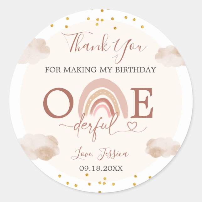 Boho Rainbow Isn't She Onederful Thank You Classic Round Sticker (Front)