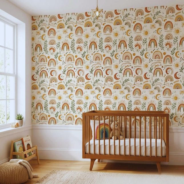 Boho Rainbow Leaves Nursery Peel and Stick  Wallpaper (Shop premium boho rainbow peel and stick nursery wallpaper for a cozy room.)