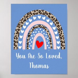 Boho Rainbow Leopard Pattern Hearts Boy Nursery Poster