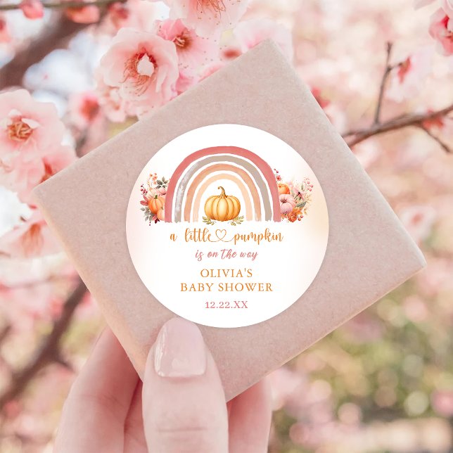 Boho Rainbow Little Pumpkin Fall Baby Shower Classic Round Sticker (Creator Uploaded)