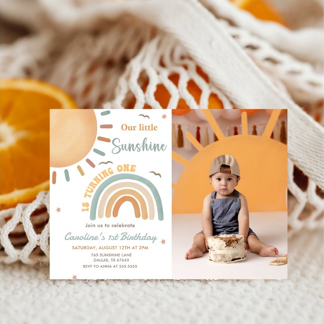 Boho Rainbow Little Sunshine 1st Birthday Photo Invitation (Creator Uploaded)
