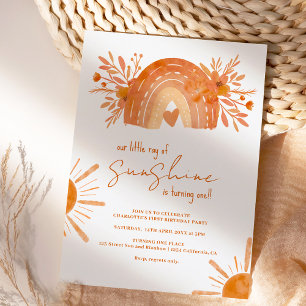 Boho rainbow little sunshine orange 1st birthday invitation