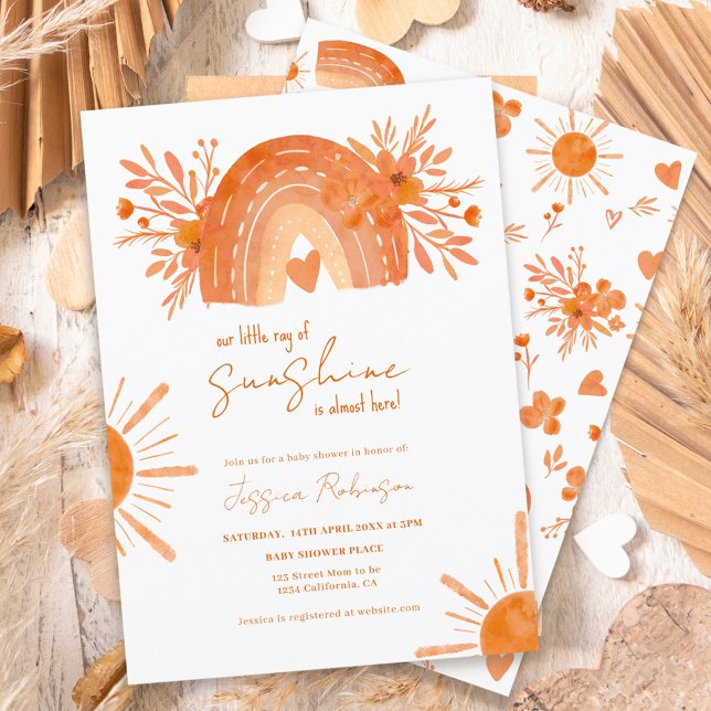 Boho rainbow little sunshine orange baby shower invitation (Creator Uploaded)
