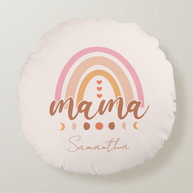 Boho Rainbow Mama with Moon Phases Round Cushion (Front)