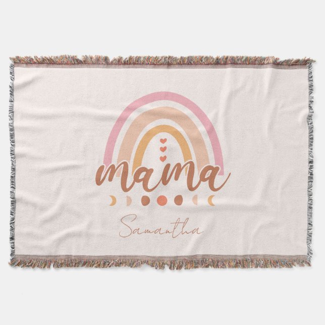 Boho Rainbow Mama with Moon Phases Throw Blanket (Front)
