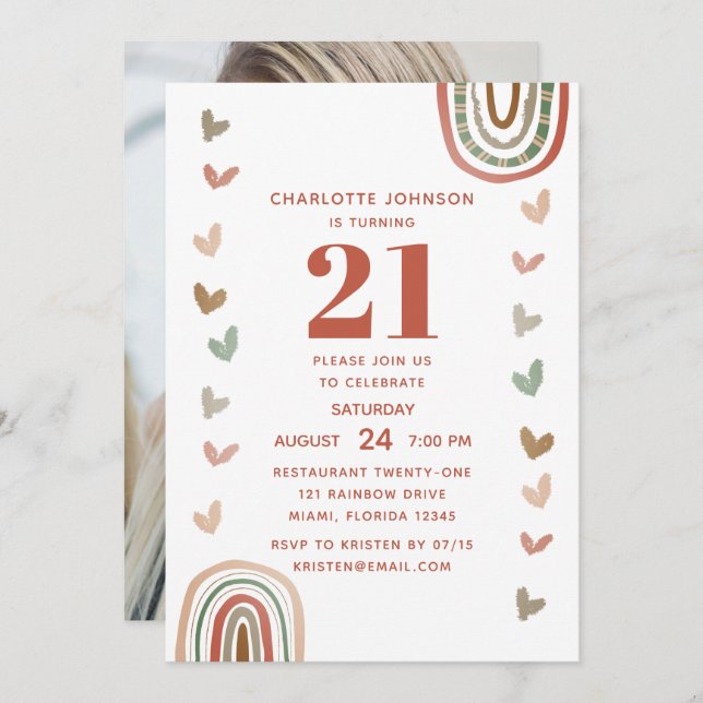 Boho Rainbow Modern 21st Birthday Party Invitation (Front/Back)