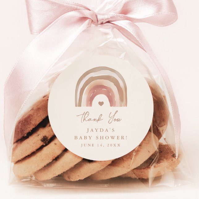 Boho Rainbow Neutral Baby Shower Thank You Classic Round Sticker (Boho Rainbow Baby Shower Thank You Favor Tag Sticker.)