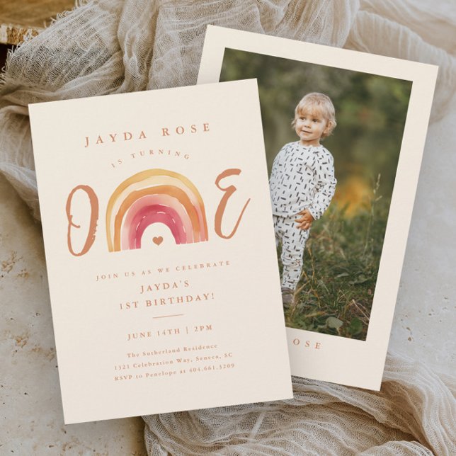 Boho Rainbow One First Birthday Invitation (Boho rainbow one 1st first photo birthday party invitation.)
