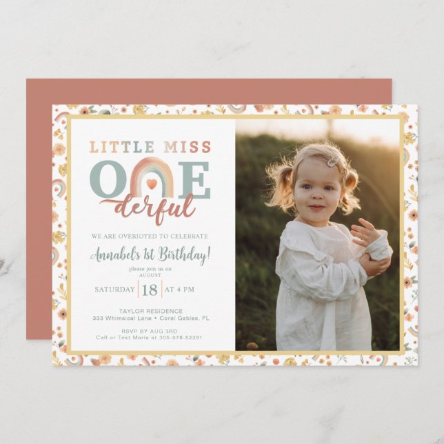 Boho Rainbow Onederful Photo Invitation – Earthy 1 (Front/Back)