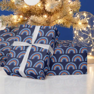 Boho Rainbow Orange and Navy Blue Wrapping Paper